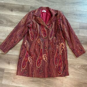 Women Red Gold Paisley Tapestry Brocade Sequin Coat Jacket Artsy Size 1X